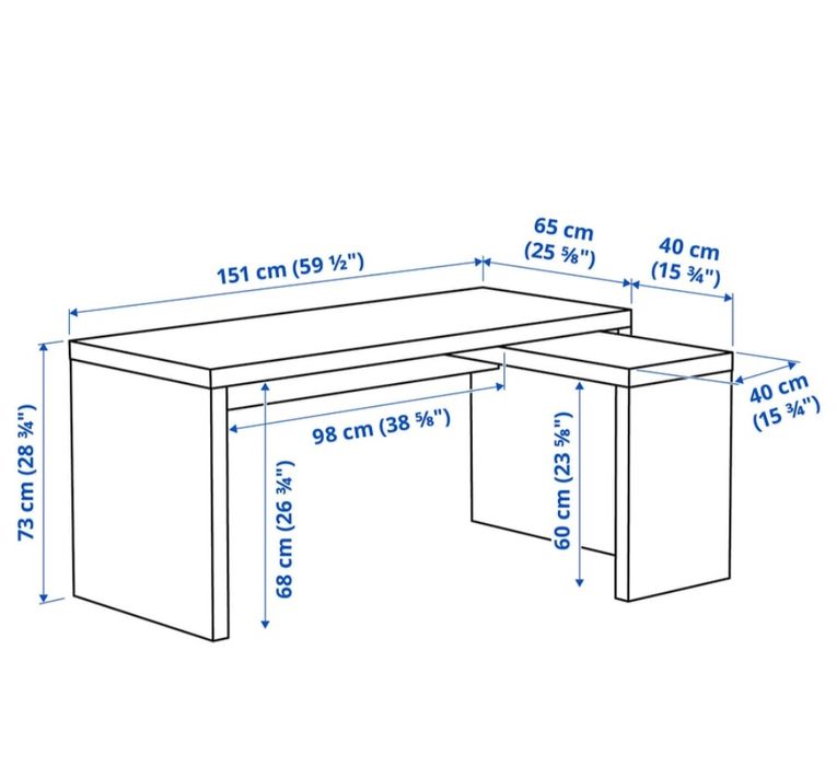 Secretária IKEA com extensão lateral, módulo de gavetas e cadeira