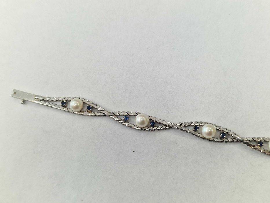 Złota bransoletka/ 585/ 14.98 gram/ Perły/ Szafiry/ Wycena/ 19.5 cm