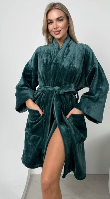 Халат теплий, плюшева махра, зелений