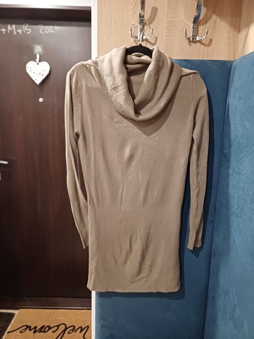 Beżowo Szara sukienka sweter Golf