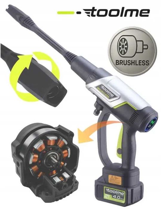 Акумуляторна мийка високого тиску Toolme TM280 PRO BRUSHLESS 450 Вт з алюмінієвою помпою, 2 АКБ 21В, піногенератор (Польща)