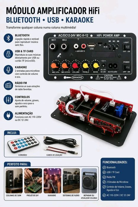 Módulo Amplificador HiFi Bluetooth com Karaoke