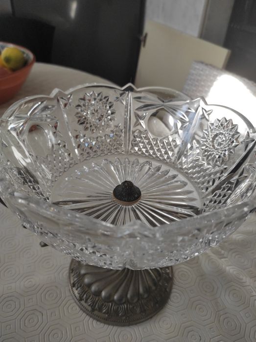 Fruteira em cristal e metal antiga