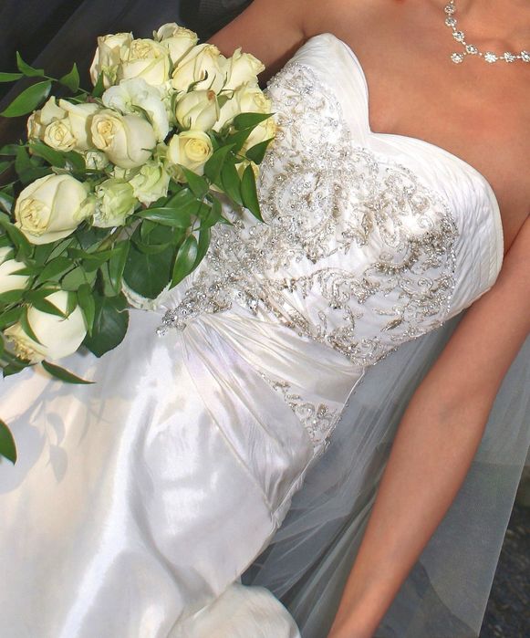 Suknia ślubna Mori Lee USA. Swarovski. Tren podpinany, szal   r.36