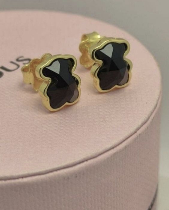 Kolczyki z misiem 10 mm żółte srebro vermeil 925 z onyksem