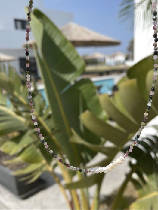 Kolorowy turmalin perły krótki naszyjnik choker z kamieni handmade