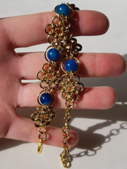 Bransoletka japoński kwiat niebieski Agat chainmaille złoty stary złoty Handmade