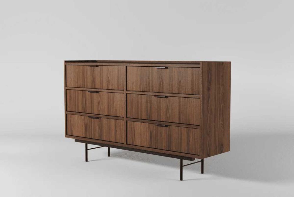 Komoda 6S Warmia Walnut – 150 cm, 6 szuflad, metalowe nogi WYSYŁKA 24h