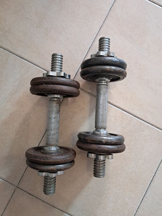 Alteres de ferro + Barra + pesos/bolachas de ferro- 28 kg.