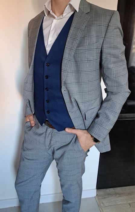 Elegancki garnitur męski komplet Zara kamizelka marynarka i spodnie