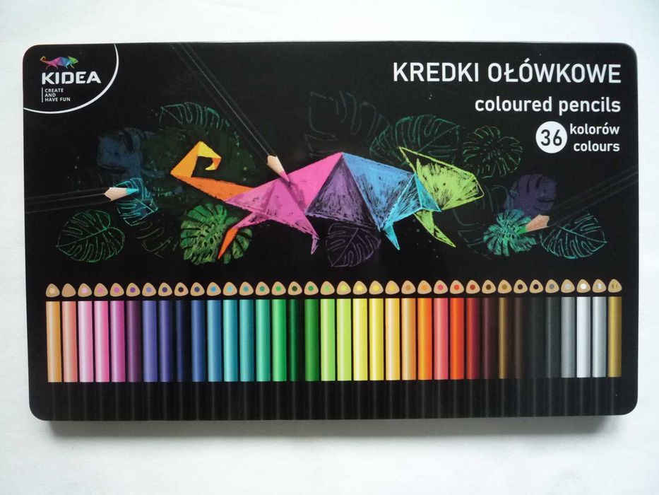 NOWE Kidea kredki trójkątne w metalowym pudełku, 36 kolorów