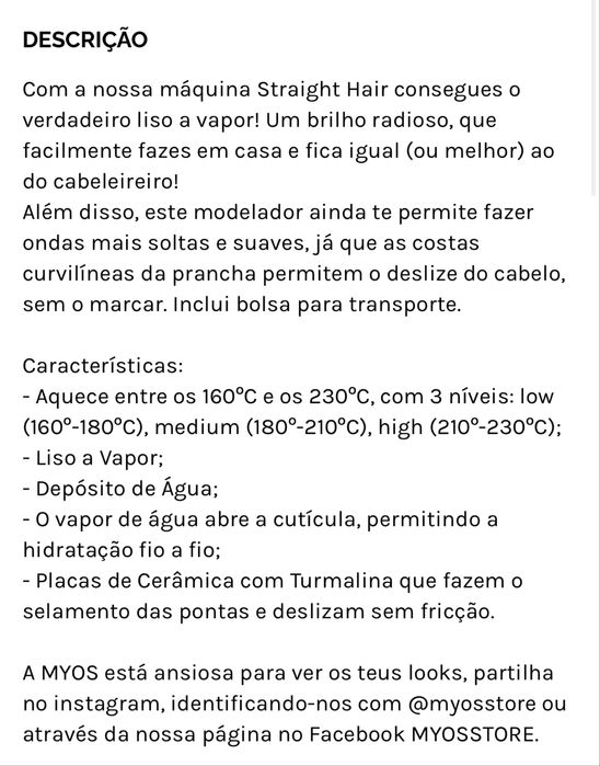 Alisador a vapor da MYOS