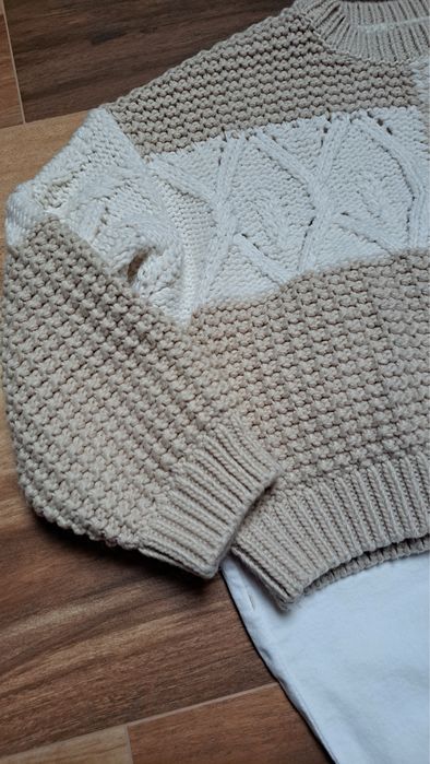 Sweter patchworkowy pull&bear r.S oversize splot warkoczowy waflowy