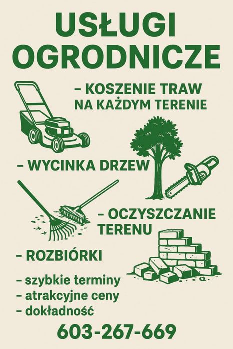Koszenie trawy, wycinka drzew, oczyszczanie terenu, rozbiórki