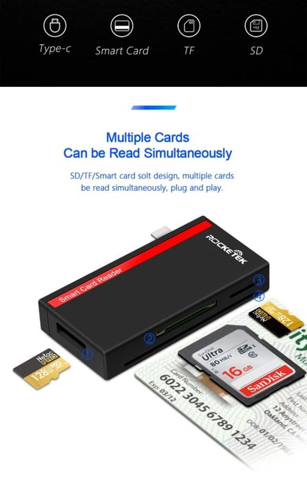 Leitor cartões identidade CC memória sdcard type-c