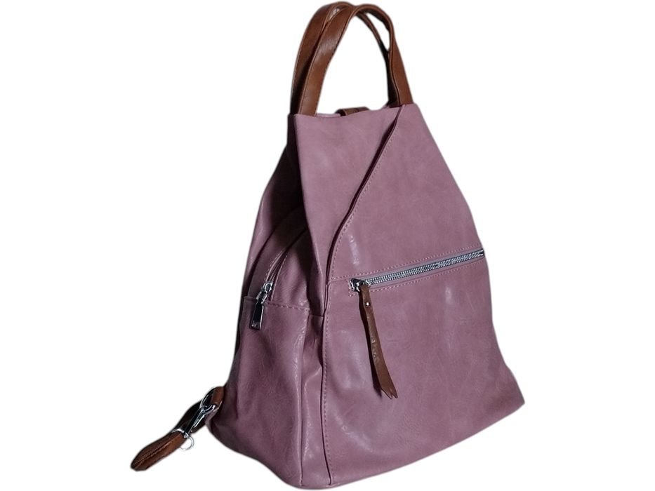 Modny Plecak Damski Worek na Ramię, 6 Kieszeni, Różowy, Ekoskóra