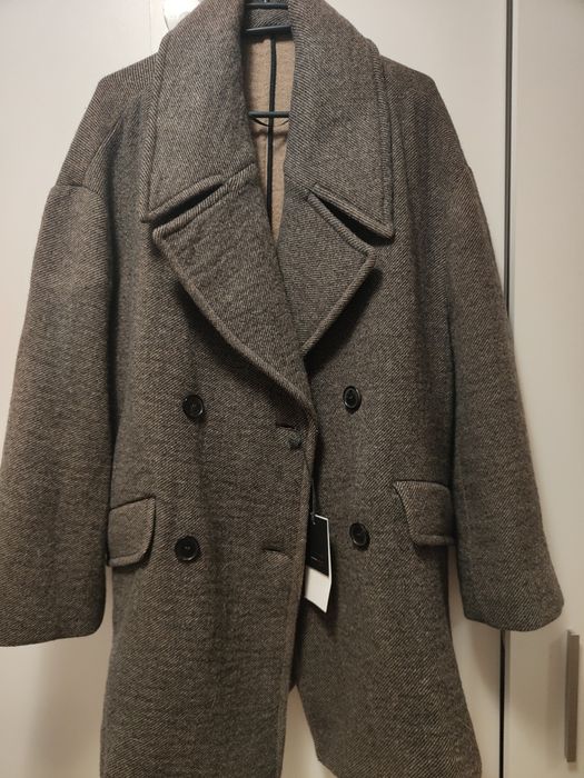 Oversize'owy, dwurzędowy, wełniany płaszcz Zara w jodełkę,L, wełna