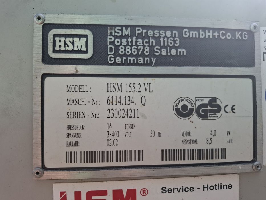 Prasa do makulatury  folii belownica  155vl HSM 155. 2vl  hsm 500.2