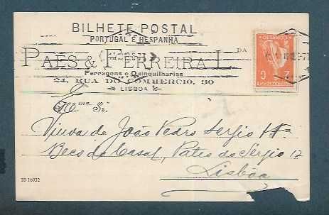 Bilhete Postal Particular Antigo 1919 - PAES & FERREIRA - LISBOA - selo ceres