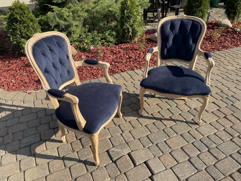 Fotel ludwikowski dąb drewno granat zieleń ława Ludwik XV renowacja