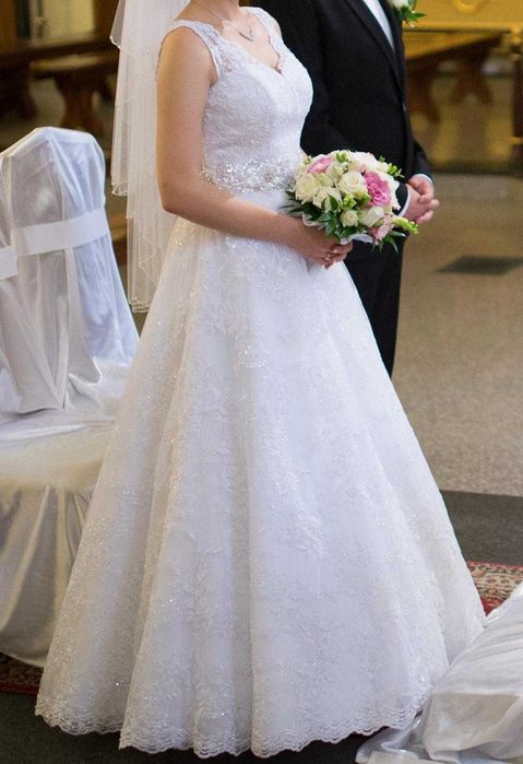 KORONKOWA suknia ślubna 36 S boho BIAŁA linia A koronka cała z koronki