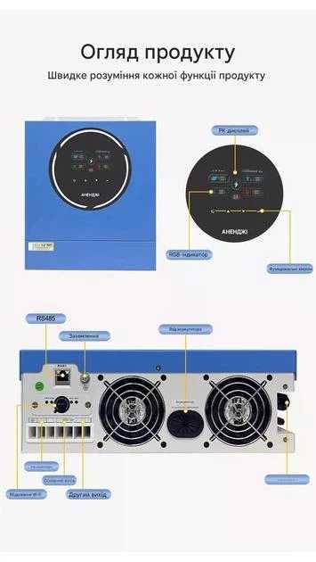 Гібридний сонячний інвертор Anenji 5000 Вт 5 кВт 48V Wi-Fi, инвертор