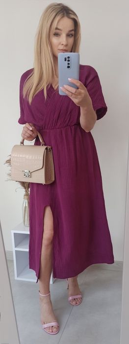 Sukienka muślinowa bawełna śliwkowa uni kopertowa midi