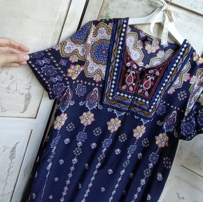 L biust 52x2 długa boho folk z haftem sukienka paisley hippie