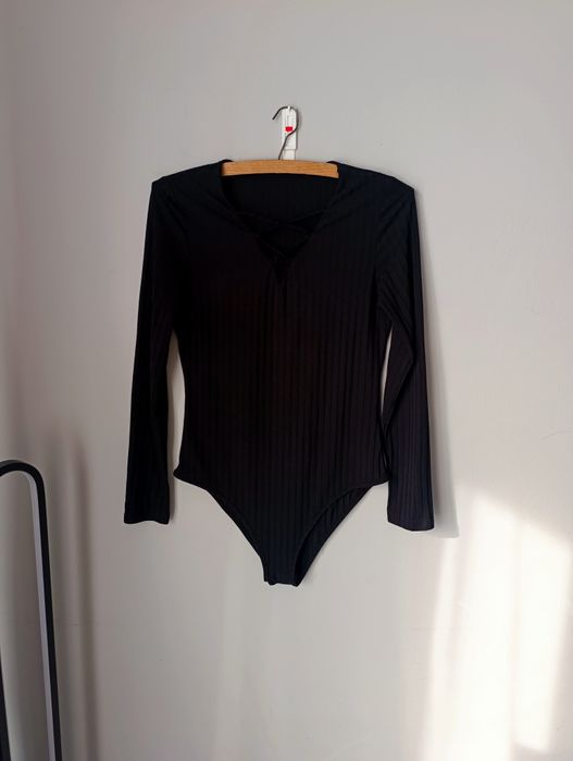 Body damskie, czarne, seksowne, prążkowane, długi rękaw, 40, L, Shein