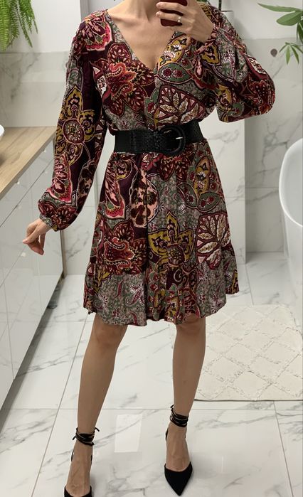 Sukienka kolorowa paisley boho etno bufiaste rekawy wiskoza 40 42