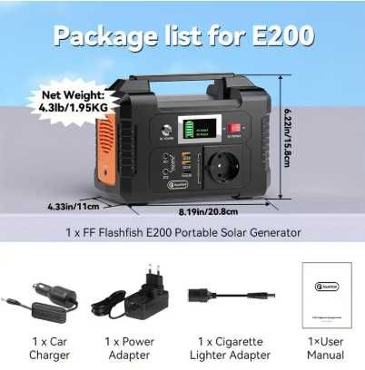 Banco de Energia Portátil - 200W FlashFish E200 + Painel Solar + AC/DC