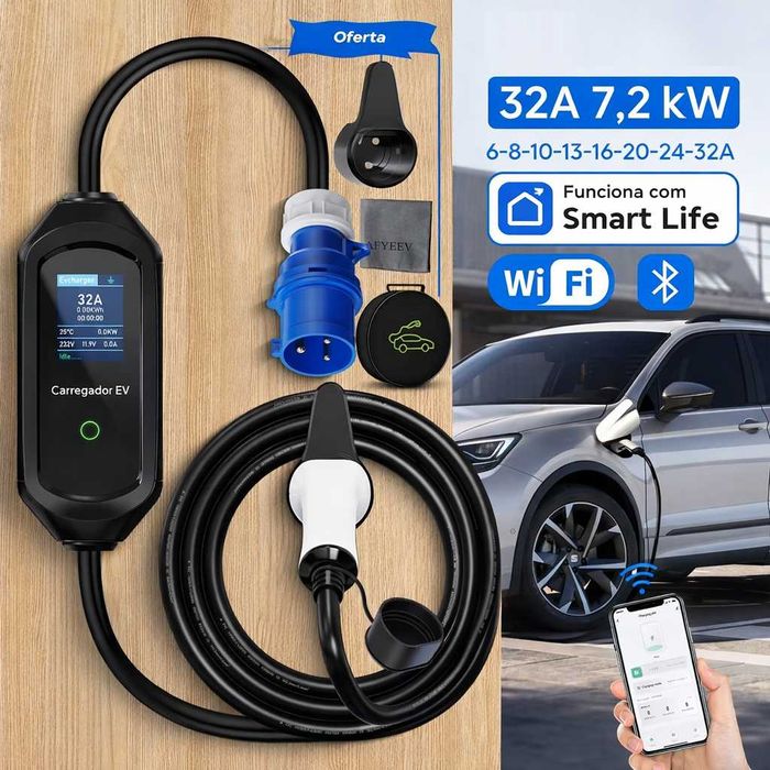 Carregador Veículos Elétricos Tipo 2 32A | 7,2 kW | Wi-Fi + Bluetooth