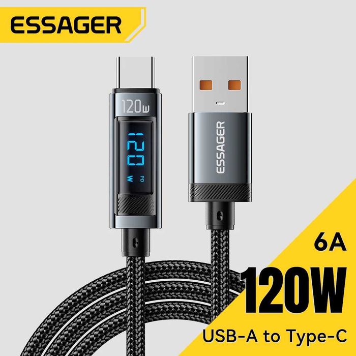 Кабель для Швидкої зарядки Essager 120W (USB - Type C) 1м з Дисплеєм. Для зарядки телефонів Супер Швидкою зарядкою 120W-33W від Xiaomi, Redmi, POCO