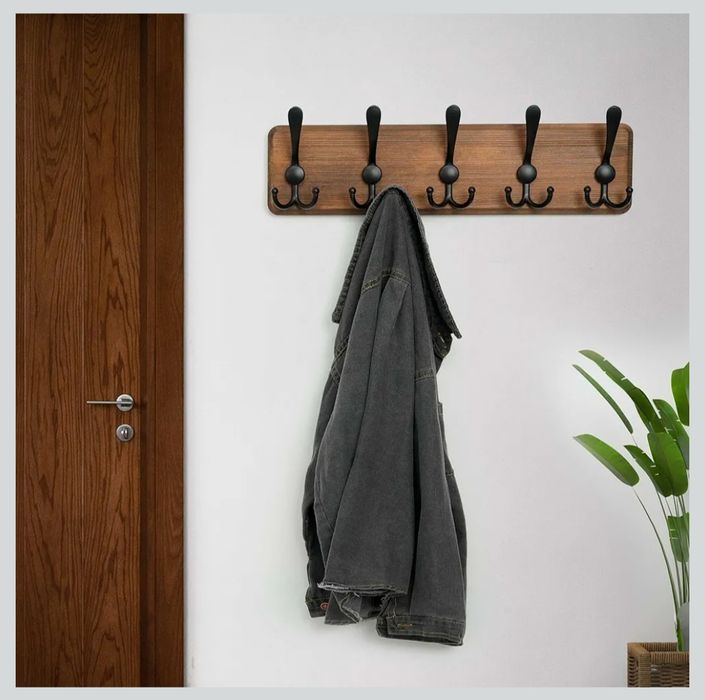 WEBI Drewniany wieszak ścienny, 5 potrójnych haczyków 44cm