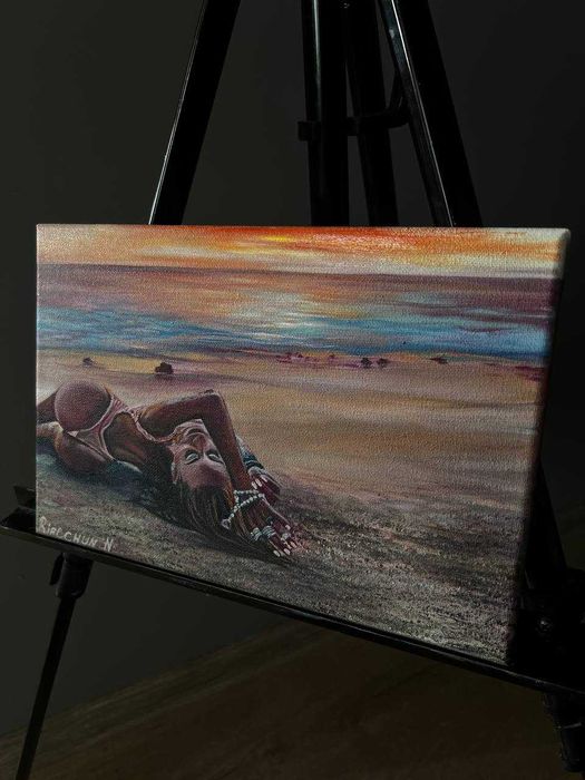 obraz olejny na płótnie Dziewczyna na plaży 20*30