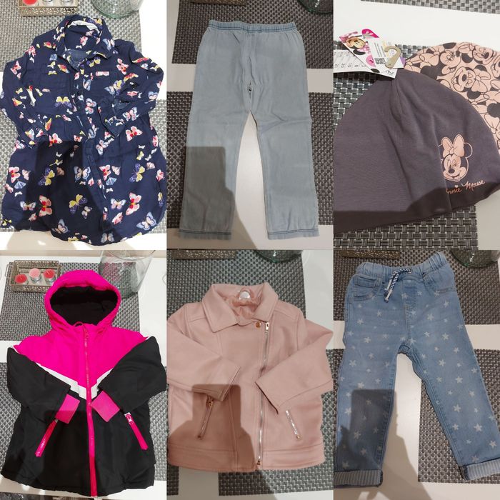 Ubrania dziewczęce czapki bluzki leginsy jeansy buty r.92-116