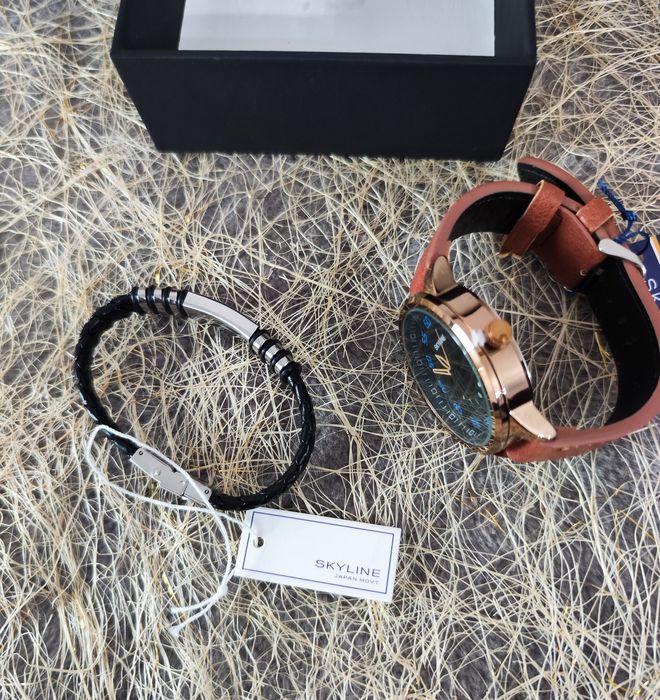 Lindíssimo conjunto Relógio e Pulseira marrom de homem da Skyline