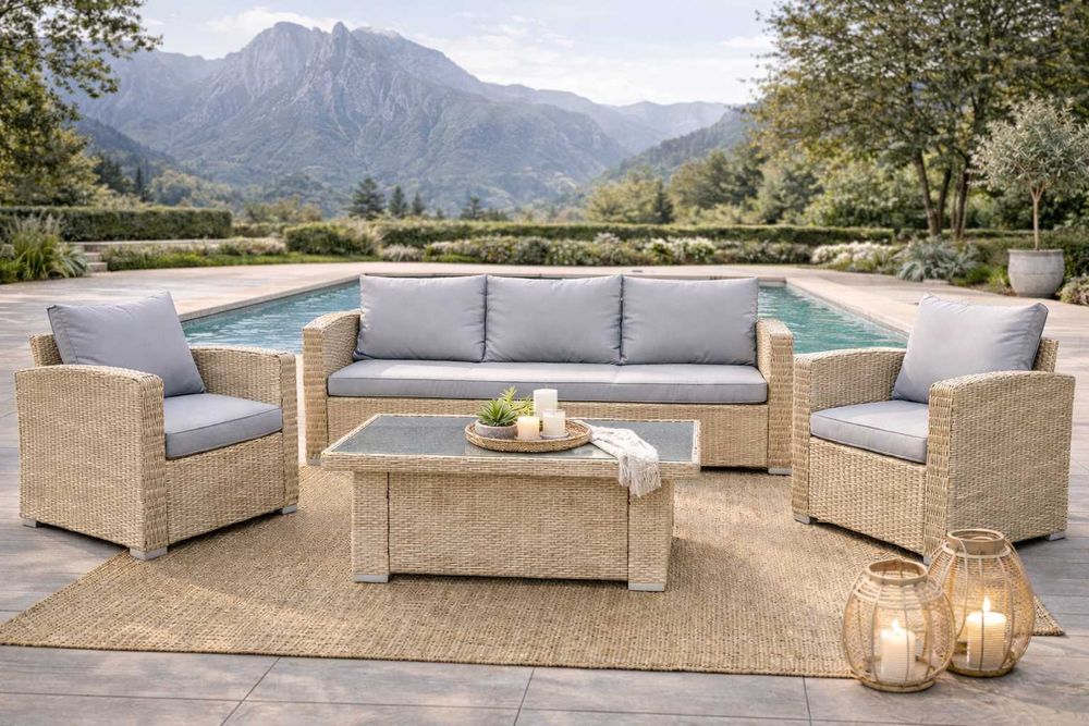 Zestaw Mebli Ogrodowych Technorattanowy Komplet Beżowy Regulacja Stołu