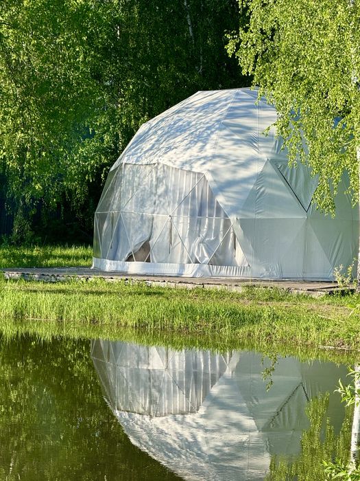 глемпинг - дом купол, лес , озеро, рыбалка , чан , баня
