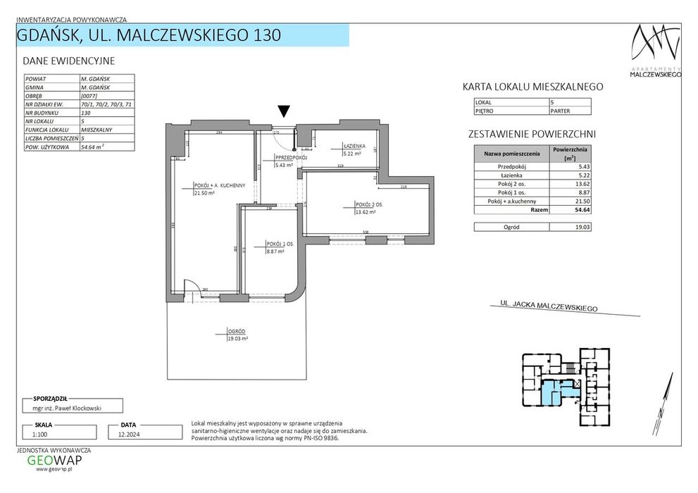 3-pokojowe- 54,64 m2 + ogródek , parter