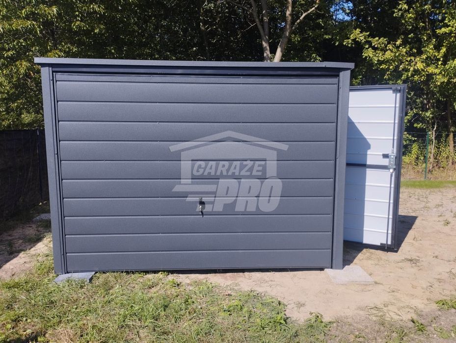 Garaż blaszany 3x5 Brama + drzwi -  Antracyt  dwuspadowy GP212
