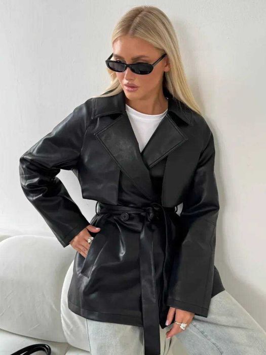 Модний жіночий чорний тренч з еко шкіри + Подарунок*