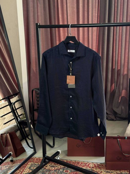 Льняная рубашка Loro Piana синяя рубашка натуральный лен Лоро Пиана сорочка p056