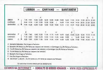 Transportes Públicos - REDE EXPRESSOS - Horário antigo - LISBOA - CARTAXO - SANTARÉM