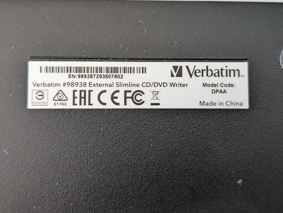 Зовнішній CD/DVD привід Verbatim Slimline USB (модель 98938)