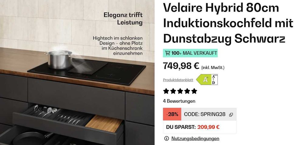 Індукційна плита Варильна поверхня з витяжкою Klarstein Velaire Hybrid 10047373