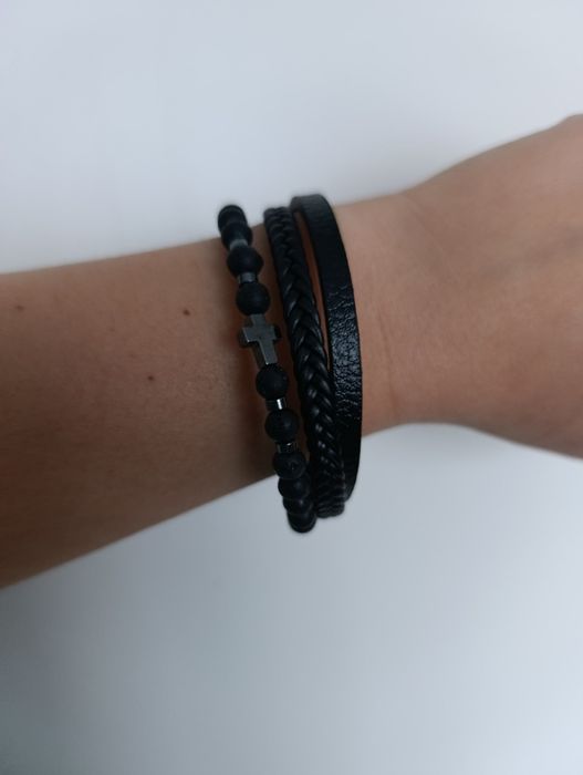 Nowa bransoletka męska czarna krzyż