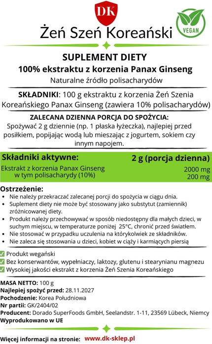 Żeń Szeń Koreański Panax Ginseng 100 g