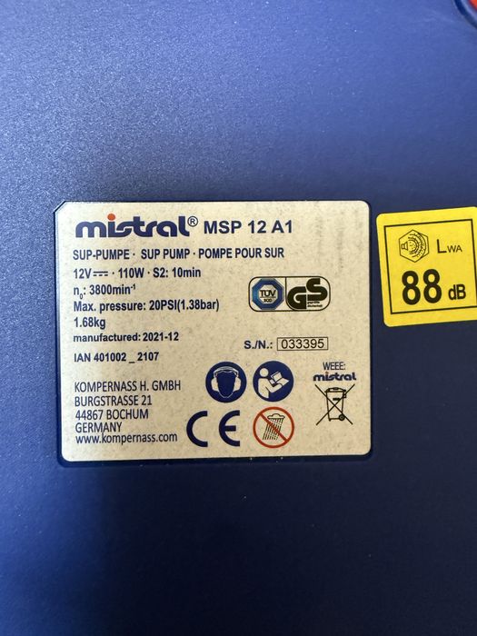 Насос для сап бордів човнів Mistral MSP Німеччина помпа високого тиску