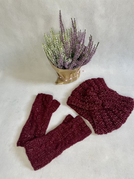 nowy handmade komplet zestaw rękawiczki i opaska na głowę burgund